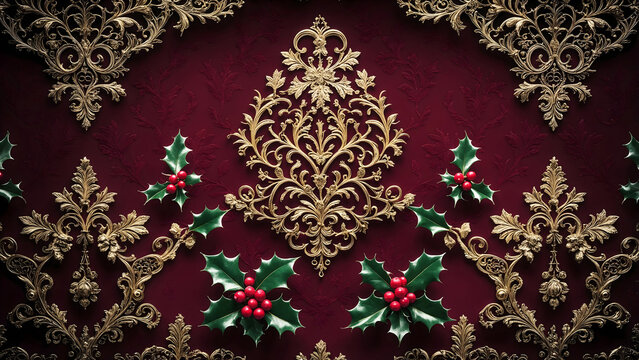 Ornate golden baroque damask pattern with holly berries and leaves evokes a luxurious and festive Christmas aesthetic.