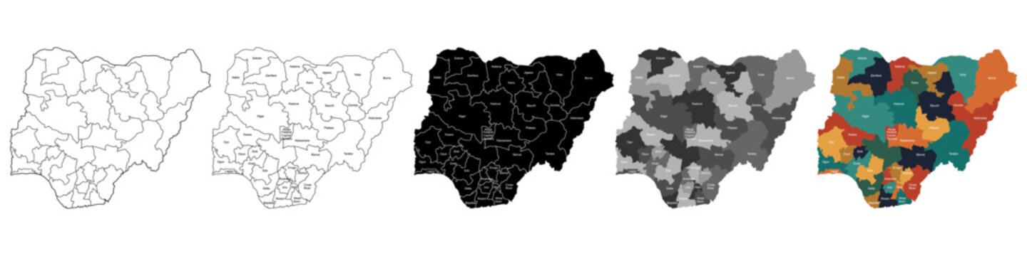 Nigeria map set with administrative state boundaries in multiple styles including outline black and white grayscale and colorful versions, infographics presentation and web design vector illustration