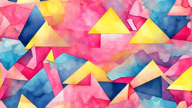 Vibrant abstract geometric pattern with pink, blue, and yellow triangles and polygons in a watercolor style. The shapes are layered and overlapping, creating a dynamic and colorful composition.