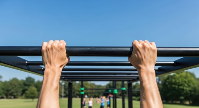 adult hands gripping monkey bars during outdoor fitness activity on sunny day