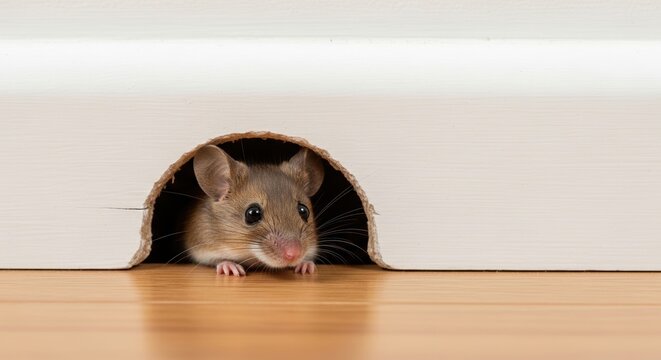 curious mouse peeking out from a small hole in white wall on a wooden floor