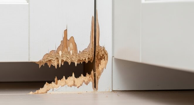 close up of termite damage on wooden floor and wall indicating possible infestation risk