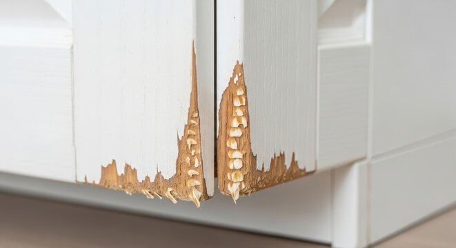 close-up of pet damage on wooden door frame with visible teeth marks indoors