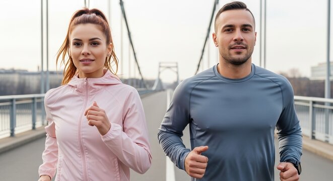 young couple jogging on a bridge in the morning, wearing casual sportswear, feeling energized