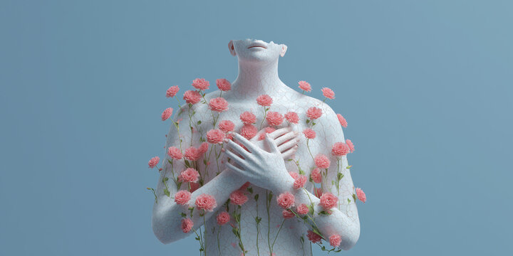 A floral embrace: A headless statue adorned with delicate flowers, a touching display of beauty and nature.