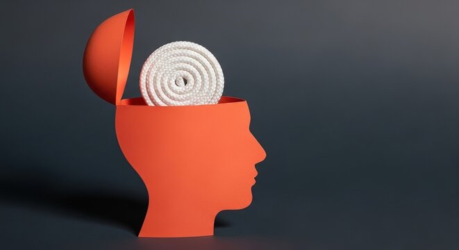 creative metaphor of mind with spiral wire inside a red silhouette head on dark background
