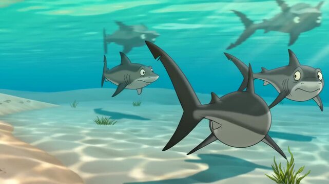 Cinematic cartoon-style underwater animation featuring bronze whaler sharks (Carcharhinus brachyurus). A stylized marine life scene depicting these predators swimming in a deep blue ocean environment,