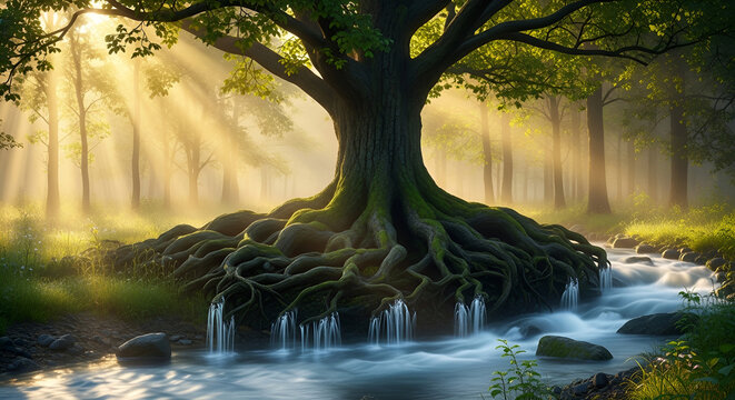 Ancient mossy tree with massive roots flowing into a forest stream, ethereal sunbeams in misty woods, magical ecosystem life force, environmental conservation concept