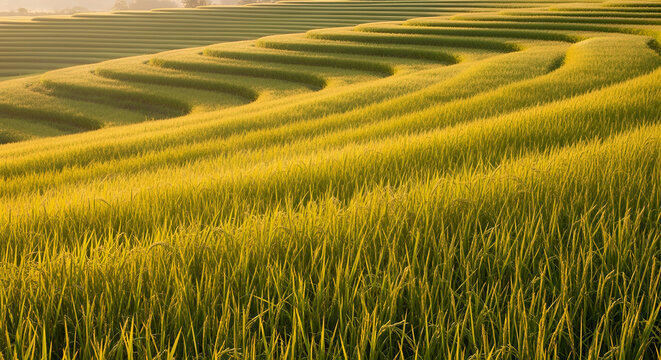 Golden terraced rice fields cascading down hillsides at sunrise, sustainable agriculture and organic farming, scenic rural landscape for World Environment Day, nature's beauty.
