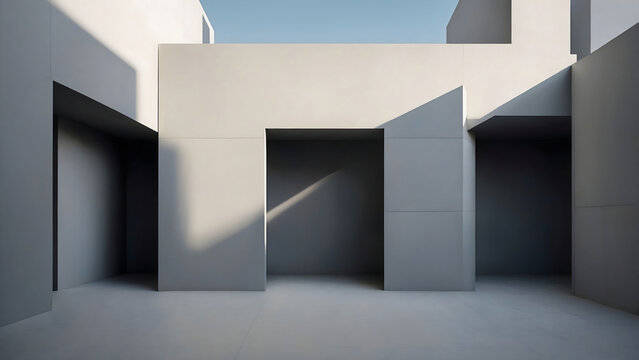 Minimalist architectural design featuring sharp geometric forms and stark contrasts of light and shadow, creating a sense of austere beauty and abstract composition.
