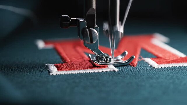Precision Embroidery Process showing a close-up of a sewing machine needle stitching an orange letter on blue fabric, ideal for textile industry and craft manufacturing videos.