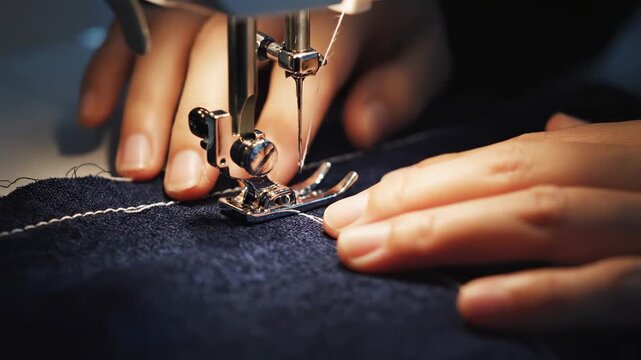 Professional Tailoring Process showing a close-up of a sewing machine needle stitching blue denim fabric with white thread for fashion industry and textile manufacturing content.