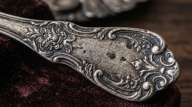 Close-up of antique silver handle with ornate floral engravings. Vintage tarnished metal texture with elegant Victorian patterns, classical decorative details, and aged metallic patina.