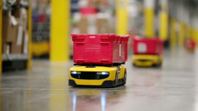 Robots move bins in a large warehouse during a busy workday