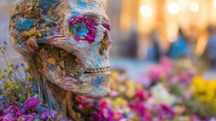 Obraz premium Colorful skull decoration displayed at a festival in a busy market