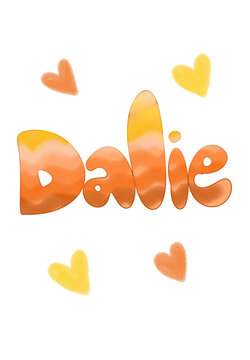 Dalie name in orange and yellow bubble font with decorative hearts