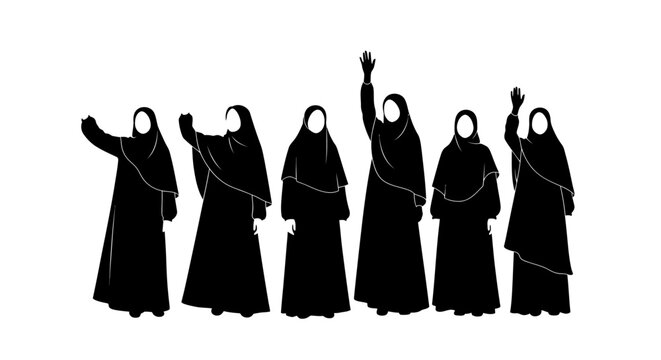 Diverse Group of Women in Black Hijabs Raising Hands in Unity and Empowerment