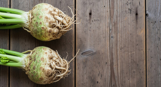 Two fresh celeriac roots with green stems and fibrous roots resting on rustic wooden planks displaying their natural texture