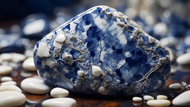 A striking close-up of a polished lapis lazuli stone, showcasing its intense blue veins and intricate crystalline patterns amidst a scattering of smooth, white pebbles.