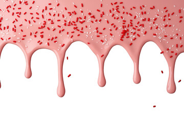 Naklejka premium Pink strawberry icing dripping with colorful sprinkles creating a sweet dessert topping on a transparent background