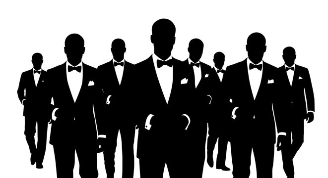 Group of Men in Black Tuxedos with Bow Ties Representing Business Teamwork and Elegance