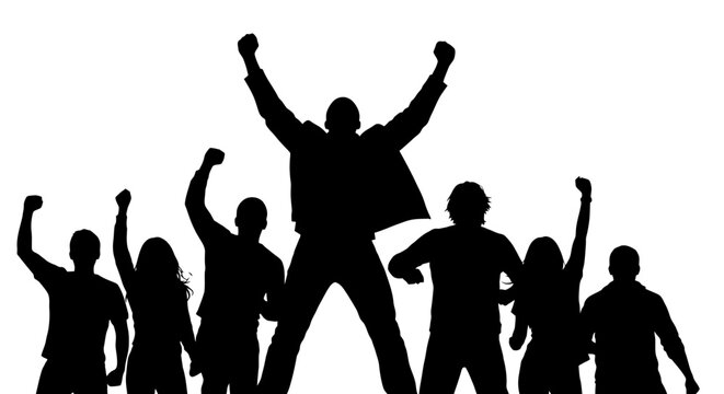 Silhouettes of Diverse People Celebrating Together Raising Arms in Triumph