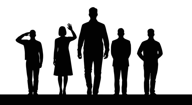 Silhouette Figures of People Waving and Saluting Against White Background