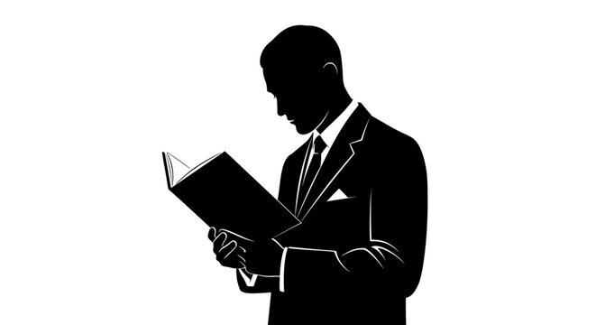 Silhouette of a Businessman in a Suit Reading a Book with Focused Concentration