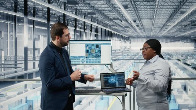 Microchip industry 4.0 plant directors using AI deep learning software to innovate production. Smart factory colleagues using artificial intelligence technology to oversee semiconductors, camera A