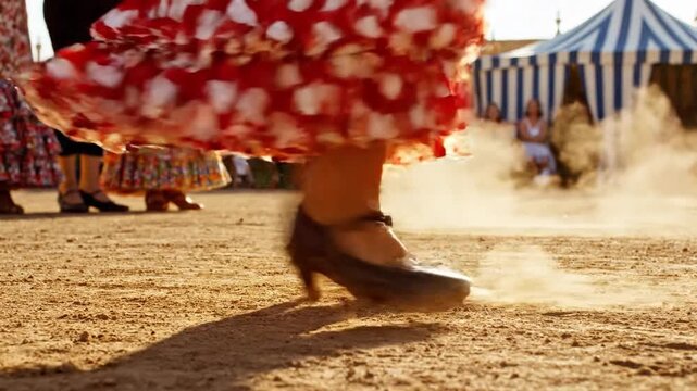 Flamenco shoes dancing on dusty ground. Seville Fair energy.