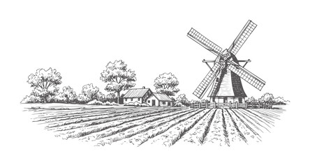 Rural landscape with windmill and farmhouse in a cultivated field cultivation © Salam