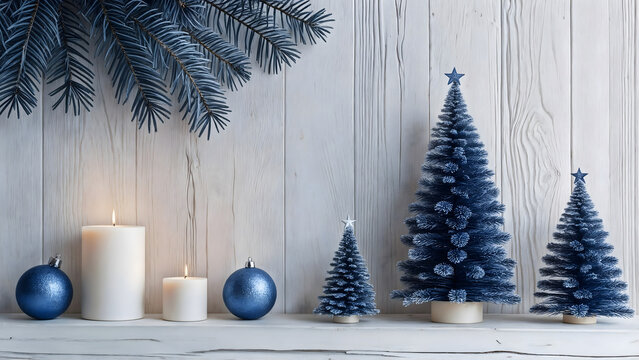 Festive scene with blue artificial Christmas trees and ornaments arranged on a white wooden shelf, accompanied by lit pillar candles, evoking a serene holiday ambiance.