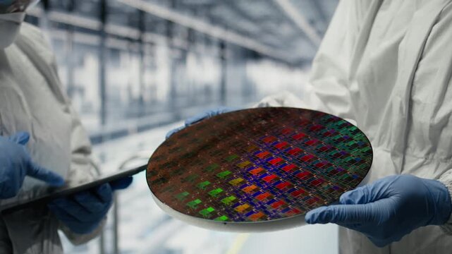 Microchip factory SOC architecture designers analyze semiconductor substrates. Professional in industry 4.0 microelectronics plant doing quality control on silicon wafers, cooperating, camera A