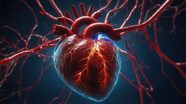 Anatomical illustration of a human heart with glowing arteries and veins, representing life, health, and the circulatory system.