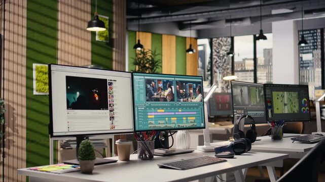Studio with no people shows PC with advanced video editing software, interface displays recorded footage with sync tools and toolbar panels for adjustments. Creative post production process.