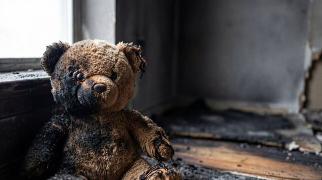 Burnt teddy bear sitting on floor in house after fire disaster. Childhood toy left in aftermath of building destruction. Tragedy, loss and home damage concept with soot and ash.