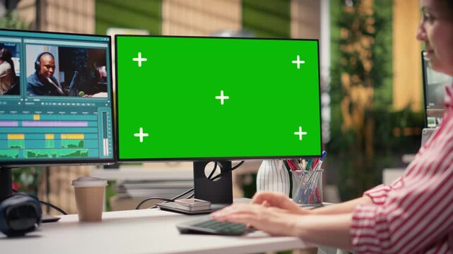 Isolated mockup and editing footage with videographer on PC in agency office, software interface reveals visual effects tools for montage and recorded clips. Color grading controls, film industry.
