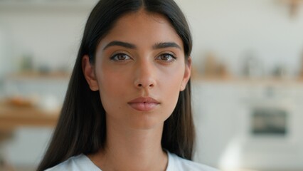 Fototapeta premium Serious calm Indian woman at home apartment looking at camera upset worried problem mortgage insurance female businesswoman homeowner negative emotion Arabian girl lady stress anxiety thinking trouble