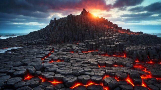 The volcanic landscape is a dramatic display of Earth's raw power, with hexagonal basalt columns and glowing lava fissures under a fiery sunset sky, creating an otherworldly and awe-inspiring scene.