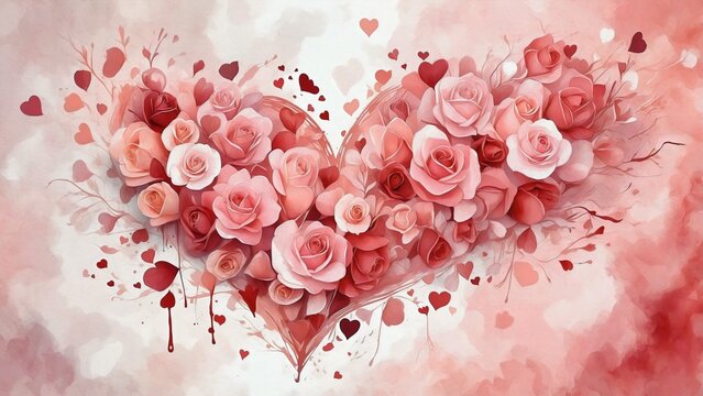 A beautiful heart shape meticulously crafted from a vibrant bouquet of delicate pink and red roses, adorned with scattered smaller rose petals, symbolizing love and affection.