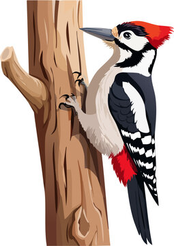 Realistic Woodpecker Bird Clinging to Tree Trunk Full Body Wildlife Style