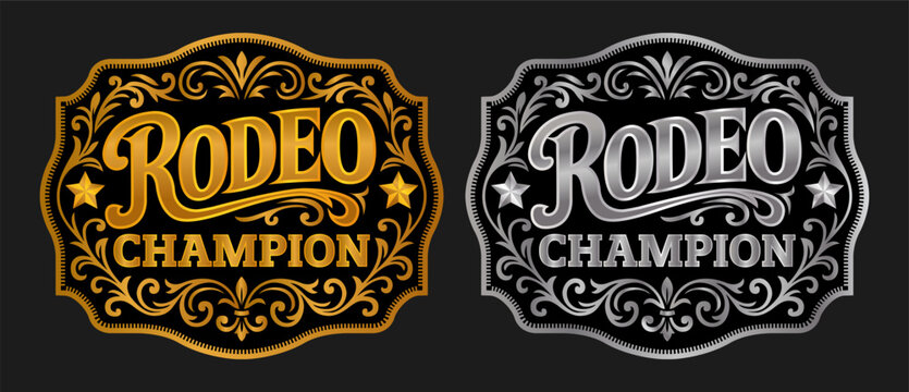 Ornate classic Rodeo Champion cowboy style buckle medal typographic tag emblem, label design Luxurious cowgirl bull rider gold silver medal emblem engraving vector design