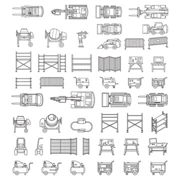 Construction Equipment and Scaffolding Icons Set - Top View Blueprint Style Vector Symbols