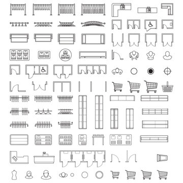 Retail and Interior Floor Plan Symbols Set &mdash; Shopping Cart, Coat Rack, Door and Fixture CAD Icons