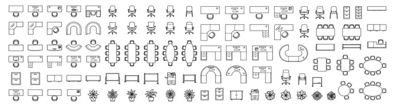 Office Furniture Floor Plan Icons Set &mdash; Top View Desk, Chair, Conference Table and Reception Symbols