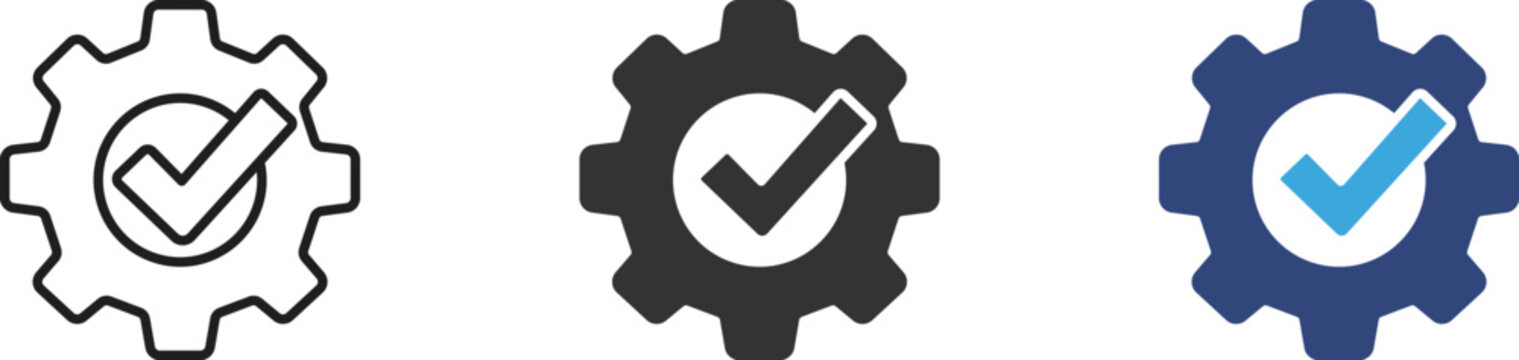 Settings check icons set, Configuration approved symbols, System verification icons, Cog success signs