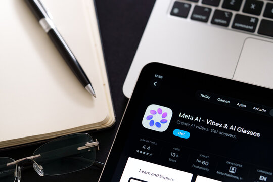 Meta AI logo on iPad in Apple Liquid Glass iOS 26 interface photographed on desk with pen and laptop. Stafford, United Kingdom, April 13, 2026.
