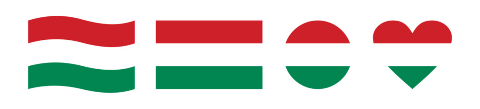 Set of four creative Hungary flag vector designs featuring wavy, circular, heart-shaped, and rectangular styles, symbolizing national pride and patriotic celebration