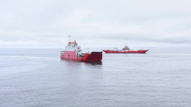 Puerto Montt, Chile - March 20, 2026: Caleta La Arena ferry, receiving motor vehicles for their subsequent transport to Caleta Pueche, on the Carretera Austral, Chilean Patagonia.