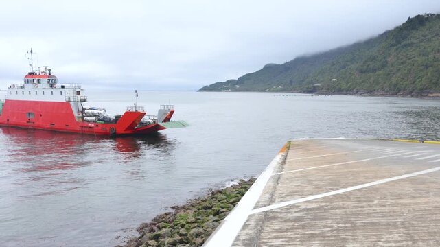 Puerto Montt, Chile - March 20, 2026: Caleta La Arena ferry, receiving motor vehicles for their subsequent transport to Caleta Pueche, on the Carretera Austral, Chilean Patagonia.
